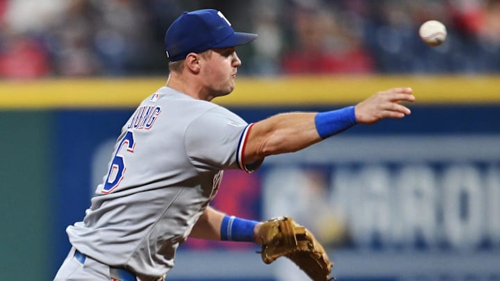 Texas Rangers third baseman Josh Jung (6) throws out Cleveland Guardians second baseman Brayan Rocchio (not pictured) during the eighth inning at Progressive Field. 
