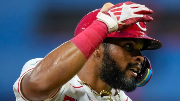 Cincinnati Reds right fielder Rece Hinds (77) hits a solo home run in the eighth inning of the MLB National League game between the Cincinnati Reds and the Colorado Rockies at Great American Ball Park in downtown Cincinnati on Monday, July 8, 2024. The Reds won the opening game of the series, 6-0. Cincinnati Reds right fielder Rece Hinds (77) hits a solo home run in the eighth inning of the MLB National League game between the Cincinnati Reds and the Colorado Rockies at Great American Ball Park in downtown Cincinnati on Monday, July 8, 2024. The Reds won the opening game of the series, 6-0.