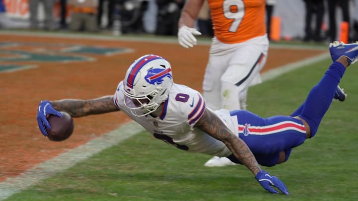 Buffalo Bills wide receiver Keon Coleman after getting tripped up stumbles towards the end zone and gets the ball into the end zone before hitting the ground for a touchdown during second-half action at Empower FIeld at Mile High in Denver on Jan. 17, 2026. Buffalo Bills wide receiver Keon Coleman after getting tripped up stumbles towards the end zone and gets the ball into the end zone before hitting the ground for a touchdown during second-half action at Empower FIeld at Mile High in Denver on Jan. 17, 2026.