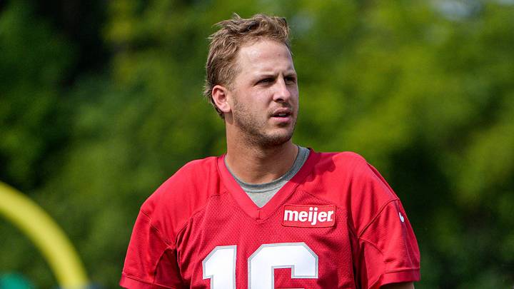 Detroit Lions quarterback Jared Goff with his daughter Romy Isabelle Goff, 1 and wife Christen Harper Goff after practice during training camp at Meijer Performance Center in Allen Park on Friday, July 31, 2026.