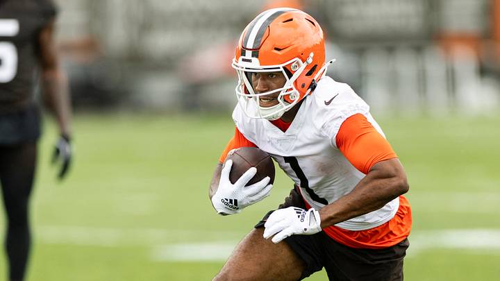 Jun 9, 2026; Berea, OH, USA; Cleveland Browns wide receiver KC Concepcion (1) runs the ball during mandatory mini camp at Cross Country Mortgage Campus. Mandatory Credit: Scott Galvin-Imagn Images Jun 9, 2026; Berea, OH, USA; Cleveland Browns wide receiver KC Concepcion (1) runs the ball during mandatory mini camp at Cross Country Mortgage Campus. Mandatory Credit: Scott Galvin-Imagn Images