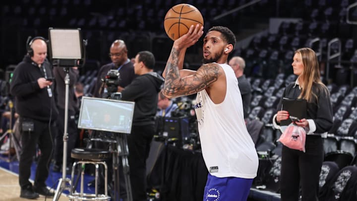 Apr 19, 2025; New York, New York, USA;  New York Knicks guard Cameron Payne (1) warms up prior to Game One of the First Round of the NBA Playoffs against the Detroit Pistons at Madison Square Garden. Mandatory Credit: Wendell Cruz-Imagn Images