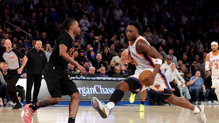 New York Knicks forward OG Anunoby drives to the basket against Cleveland Cavaliers guard Darius Garland.