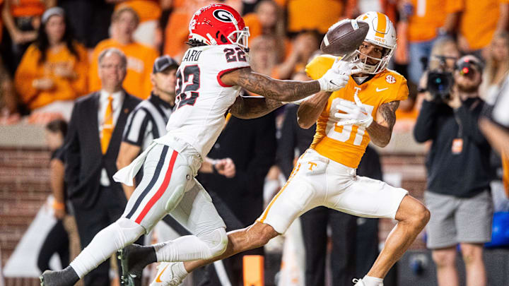 Tennessee wide receiver Chas Nimrod (81) can't bring in the catch while defended by Georgia defensive back Javon Bullard (22) during a football game between Tennessee and Georgia at Neyland Stadium in Knoxville, Tenn., on Saturday, Nov. 18, 2023.
