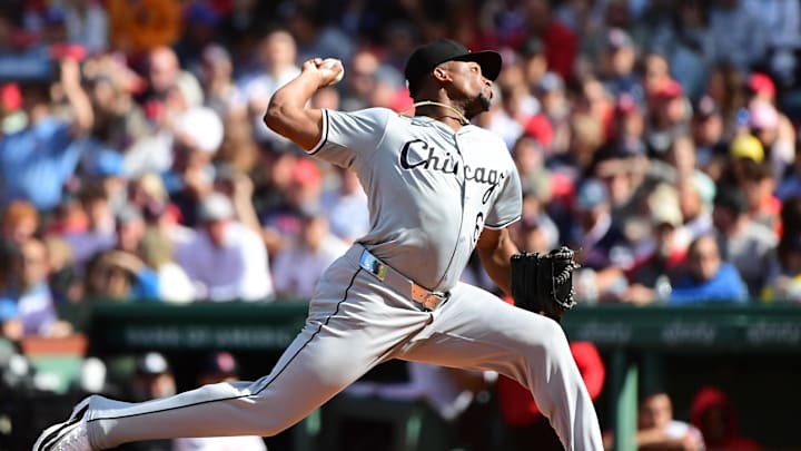 Chicago White Sox relief pitcher Prelander Berroa (66) pitches during the seventh inning against the Boston Red Sox at Fenway Park in 2024.