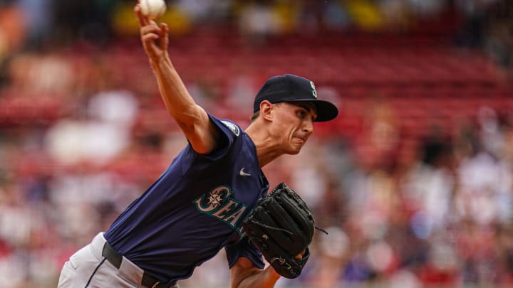 Seattle Mariners starting pitcher George Kirby throws a pitch against the Boston Red Sox on July 31 at Fenway Park. Seattle Mariners starting pitcher George Kirby throws a pitch against the Boston Red Sox on July 31 at Fenway Park.