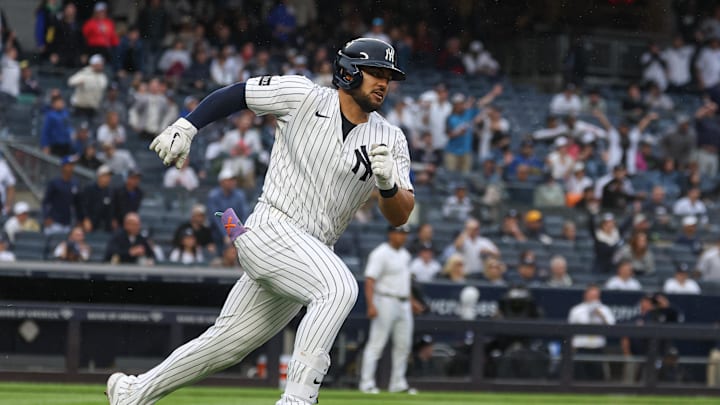 May 4, 2025; Bronx, New York, USA; New York Yankees left fielder Jasson Dominguez (24) dingles during the eighth inning against the Tampa Bay Rays at Yankee Stadium. Mandatory Credit: 