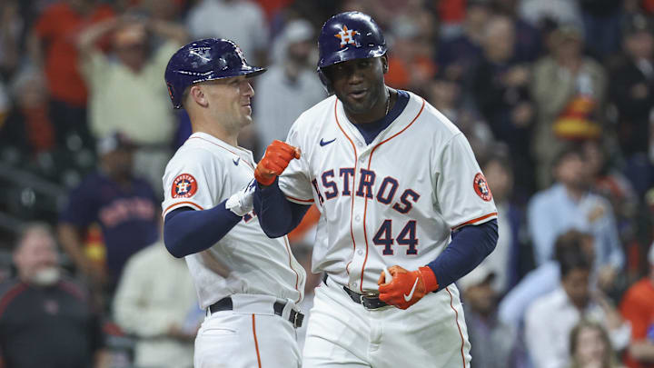 Apr 3, 2024; Houston, Texas, USA; Houston Astros left fielder Yordan Alvarez (44) celebrates with third baseman Alex Bregman (2) after hitting a home run during the sixth inning against the Toronto Blue Jays at Minute Maid Park.