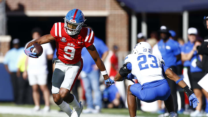 Sep 7, 2024; Oxford, Mississippi, USA; Mississippi Rebels wide receiver Tre Harris (9) runs after a catch during the first half against the Middle Tennessee Blue Raiders at Vaught-Hemingway Stadium. Mandatory Credit: Petre Thomas-Imagn Images Sep 7, 2024; Oxford, Mississippi, USA; Mississippi Rebels wide receiver Tre Harris (9) runs after a catch during the first half against the Middle Tennessee Blue Raiders at Vaught-Hemingway Stadium. Mandatory Credit: Petre Thomas-Imagn Images