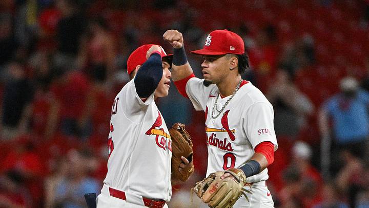 Aug 11, 2026; St. Louis, Missouri, USA; St. Louis Cardinals shortstop Masyn Winn (0) celebrates with second baseman JJ Wetherholt (26) after the Cardinals defeated the Philadelphia Phillies at Busch Stadium. Mandatory Credit: Jeff Curry-Imagn Images Aug 11, 2026; St. Louis, Missouri, USA; St. Louis Cardinals shortstop Masyn Winn (0) celebrates with second baseman JJ Wetherholt (26) after the Cardinals defeated the Philadelphia Phillies at Busch Stadium. Mandatory Credit: Jeff Curry-Imagn Images