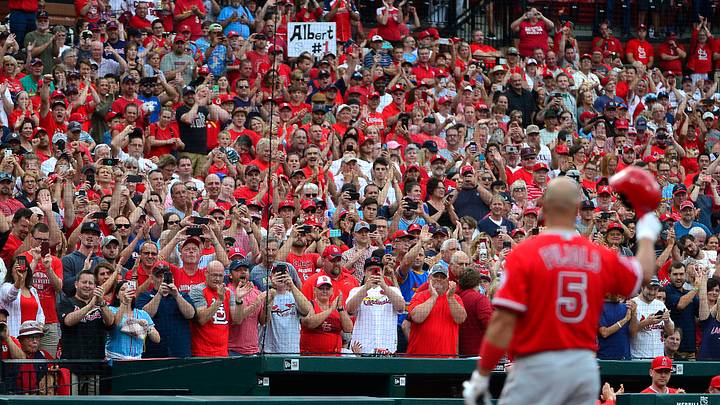 Jun 23, 2019; St. Louis, MO, USA; Los Angeles Angels first baseman Albert Pujols (5) receives a standing ovation from the fans as he steps to the plate during the first inning against the St. Louis Cardinals at Busch Stadium. Mandatory Credit: Jeff Curry-USA TODAY Sports