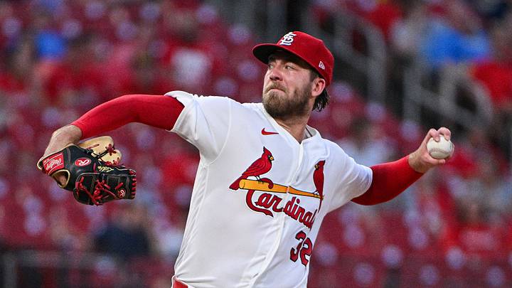 Aug 25, 2026; St. Louis, Missouri, USA; St. Louis Cardinals pitcher Matthew Liberatore (32) throws against the Baltimore Orioles during the third inning at Busch Stadium. Mandatory Credit: Jeff Curry-Imagn Images
