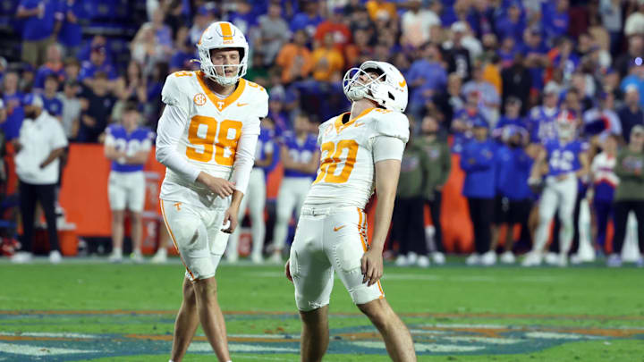 Nov 22, 2025; Gainesville, Florida, USA; Tennessee Volunteers kicker Max Gilbert (90) misses a field goal against the Florida Gators during the second half at Ben Hill Griffin Stadium. Mandatory Credit: Kim Klement Neitzel-Imagn Images