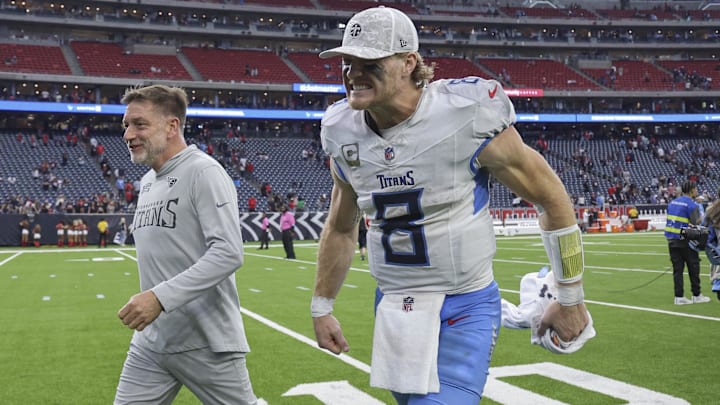 Nov 24, 2024; Houston, Texas, USA; Tennessee Titans quarterback Will Levis (8) smiles while jogging off the field after the game against the Houston Texans at NRG Stadium. 