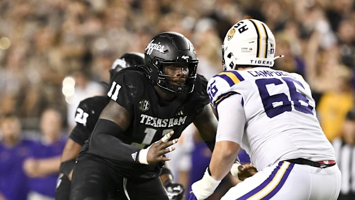 Oct 26, 2024; College Station, Texas, USA; Texas A&M Aggies defensive lineman Nic Scourton (11) defends in coverage against LSU Tigers offensive tackle Will Campbell (66) during the fourth quarter. The Aggies defeated the Tigers 38-23; at Kyle Field. Mandatory Credit: Maria Lysaker-Imagn Images.  