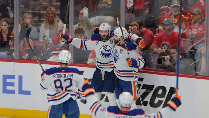 Jun 12, 2025; Sunrise, Florida, USA; Edmonton Oilers center Leon Draisaitl (29) celebrates scoring in overtime against the Florida Panthers in game four of the 2025 Stanley Cup Final at Amerant Bank Arena. 