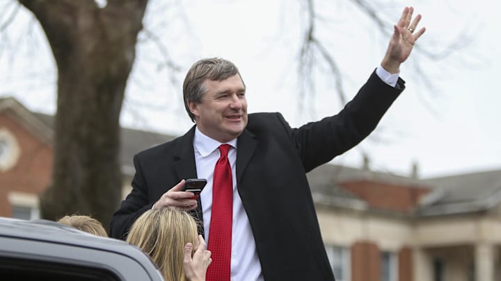 Jan 15, 2022; Athens, Georgia, USA; Georgia Bulldogs head coach Kirby Smart waves to the crowd at the Georgia Bulldogs National Championship Celebration at Sanford Stadium.  Mandatory Credit: Brett Davis-Imagn Images