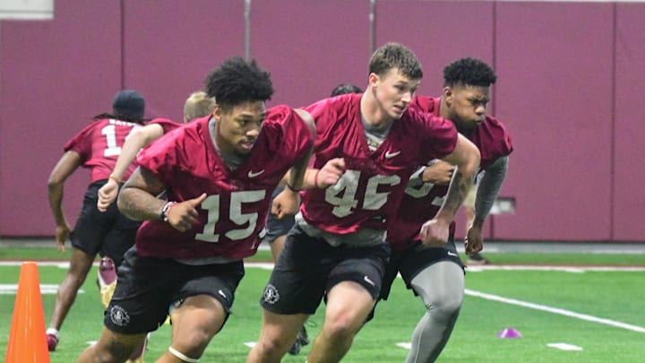 Florida State football linebacker Shawn Murphy (15) take part in the final Tour of Duty winter workouts ahead of 2024 spring practices on Thursday, March 7, 2024.