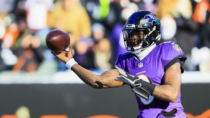 Dec 14, 2025; Cincinnati, Ohio, USA; Baltimore Ravens quarterback Lamar Jackson (8) throws a pass against the Cincinnati Bengals in the first half at Paycor Stadium. Mandatory Credit: Katie Stratman-Imagn Images
