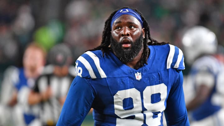 Aug 24, 2023; Philadelphia, Pennsylvania, USA; Indianapolis Colts defensive tackle McTelvin Agim (98) against the Philadelphia Eagles at Lincoln Financial Field. Mandatory Credit: Eric Hartline-Imagn Images