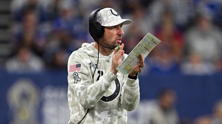Indianapolis Colts Indianapolis Colts head coach Shane Steichen reacts on the sidelines during the second half against the Buffalo Bills at Lucas Oil Stadium.