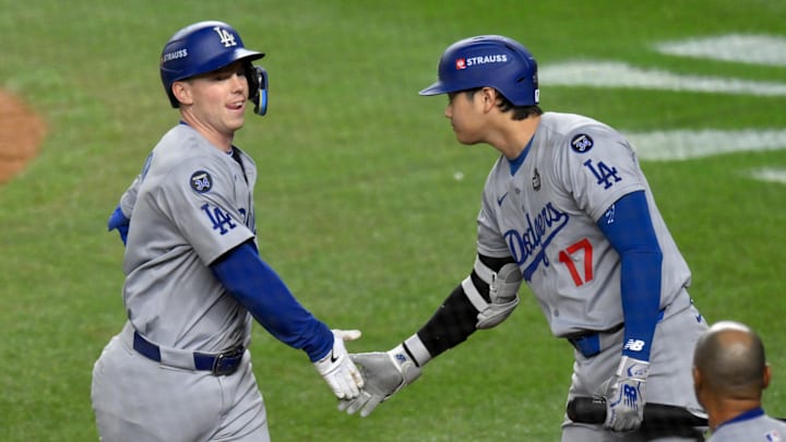 Oct 29, 2024; New York, New York, USA; Los Angeles Dodgers catcher Will Smith (16) celebrates with designated hitter Shohei Ohtani (17) after hitting a home run during the fifth inning against the New York Yankees in game four of the 2024 MLB World Series at Yankee Stadium. Mandatory Credit: John Jones-Imagn Images Oct 29, 2024; New York, New York, USA; Los Angeles Dodgers catcher Will Smith (16) celebrates with designated hitter Shohei Ohtani (17) after hitting a home run during the fifth inning against the New York Yankees in game four of the 2024 MLB World Series at Yankee Stadium. Mandatory Credit: John Jones-Imagn Images