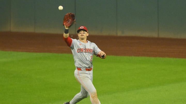 Sep 24, 2024; Cleveland, Ohio, USA; Cincinnati Reds center fielder TJ Friedl (29) makes a catch in the seventh inning against the Cleveland Guardians at Progressive Field. Mandatory Credit: David Richard-Imagn Images
