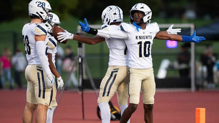 Archbishop Hoban's Tylan Boykin (10) celebrates with Ebert 'Roc' Hill IV after a touchdown from Hill in the first half of a football game against Central York at Panthers Stadium on Oct. 18, 2024, in Springettsbury Township. Archbishop Hoban's Tylan Boykin (10) celebrates with Ebert 'Roc' Hill IV after a touchdown from Hill in the first half of a football game against Central York at Panthers Stadium on Oct. 18, 2024, in Springettsbury Township.