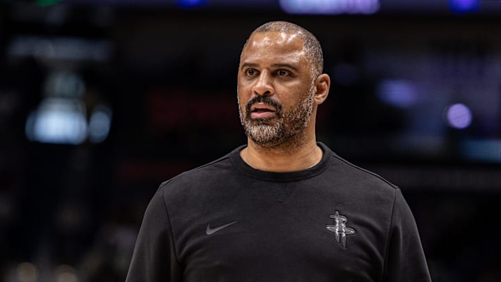 Mar 29, 2026; New Orleans, Louisiana, USA;  Houston Rockets Head Coach Ime Udoka looks on against the New Orleans Pelicans during the first half at Smoothie King Center. Mandatory Credit: Stephen Lew-Imagn Images