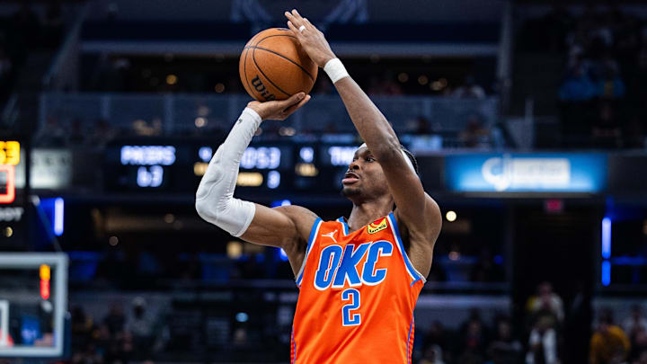 Dec 26, 2024; Indianapolis, Indiana, USA; Oklahoma City Thunder guard Shai Gilgeous-Alexander (2) shoots the ball in the second half against the Indiana Pacers at Gainbridge Fieldhouse. Mandatory Credit: Trevor Ruszkowski-Imagn Images Dec 26, 2024; Indianapolis, Indiana, USA; Oklahoma City Thunder guard Shai Gilgeous-Alexander (2) shoots the ball in the second half against the Indiana Pacers at Gainbridge Fieldhouse. Mandatory Credit: Trevor Ruszkowski-Imagn Images