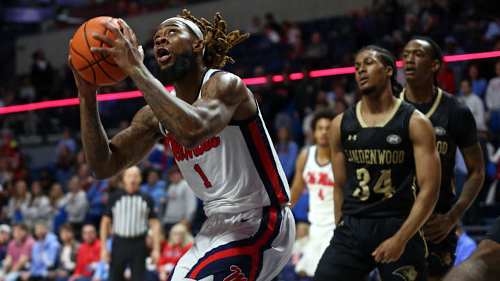 Dec 7, 2024; Oxford, Mississippi, USA; Mississippi Rebels forward Mikeal Brown-Jones (1) drives to the basket against the Lindenwood Lions during the first half at The Sandy and John Black Pavilion at Ole Miss. Mandatory Credit: Petre Thomas-Imagn Images