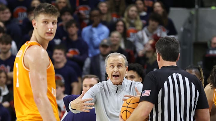 Jan 25, 2025; Auburn, Alabama, USA;  Tennessee Volunteers head coach Rick Barnes gestures to a game official during the second half against the Auburn Tigers at Neville Arena. Mandatory Credit: John Reed-Imagn Images