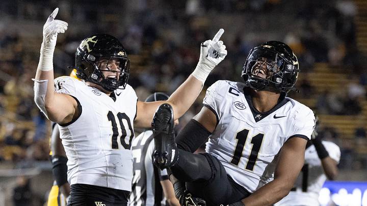 Oct 17, 2026; Berkeley, California, USA; Wake Forest Demon Deacons defensive lineman Langston Hardy (11) celebrates his sack of California Golden Bears quarterback Jackson Brousseau with teammate Gabe Kirschke (10) during the third quarter at California Memorial Stadium. Mandatory Credit: D. Ross Cameron-Imagn Images Oct 17, 2026; Berkeley, California, USA; Wake Forest Demon Deacons defensive lineman Langston Hardy (11) celebrates his sack of California Golden Bears quarterback Jackson Brousseau with teammate Gabe Kirschke (10) during the third quarter at California Memorial Stadium. Mandatory Credit: D. Ross Cameron-Imagn Images
