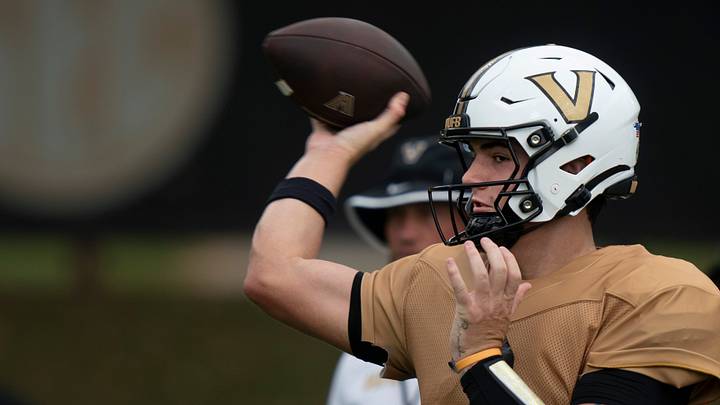 Vanderbilt quarterback Jared Curtis (2) throws during practice at Vanderbilt University’s McGugin Center practice fields Wednesday, Aug. 19, 2026.