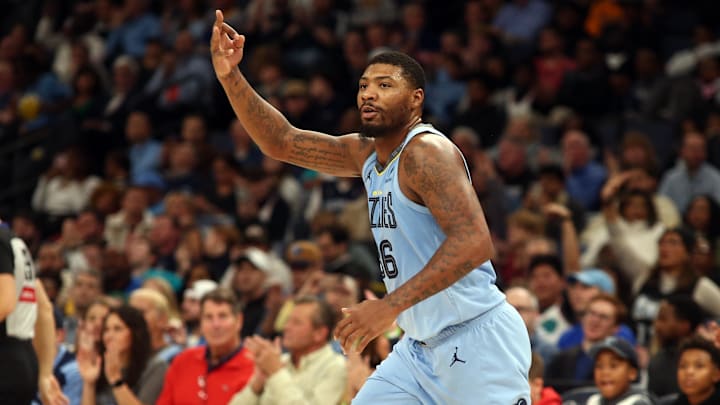 Dec 13, 2024; Memphis, Tennessee, USA; Memphis Grizzlies guard Marcus Smart (36) reacts after a three point basket during the fourth quarter against the Brooklyn Nets at FedExForum. Mandatory Credit: Petre Thomas-Imagn Images