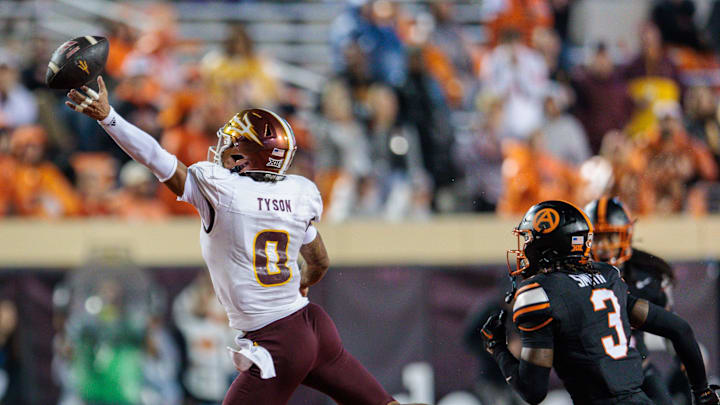 Nov 2, 2024; Stillwater, Oklahoma, USA; Arizona State Sun Devils wide receiver Jordyn Tyson (0) reaches for a pass during the third quarter against the Oklahoma State Cowboys at Boone Pickens Stadium. Mandatory Credit: William Purnell-Imagn Images