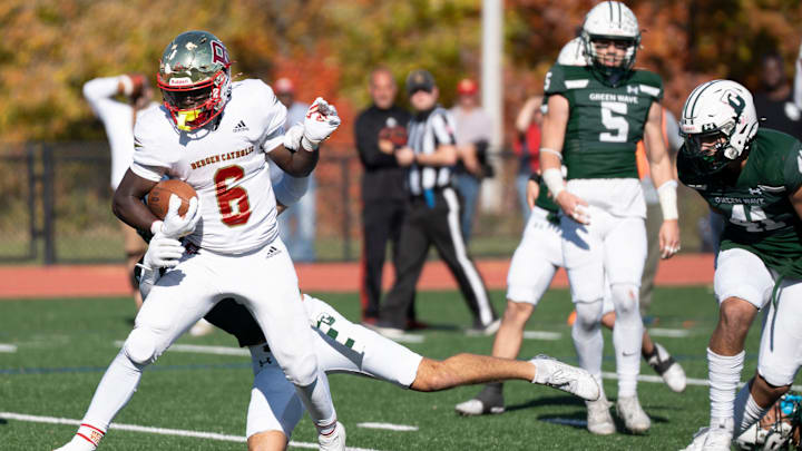 Oct 19, 2024; Morristown, NJ, USA; Bergen Catholic football at Delbarton. BC #6 Najee Calhoun scores a touchdown in the third quarter.