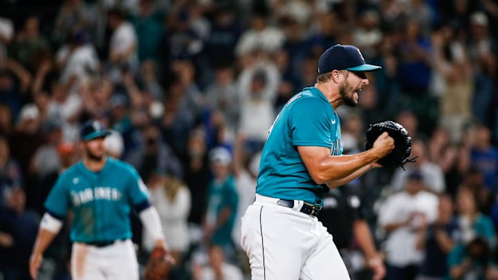 Seattle Mariners relief pitcher Kendall Graveman (49) celebrates after the final out against the Oakland Athletics at T-Mobile Park in 2021. Seattle Mariners relief pitcher Kendall Graveman (49) celebrates after the final out against the Oakland Athletics at T-Mobile Park in 2021.