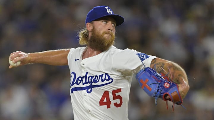 Jun 16, 2025; Los Angeles, California, USA;  Los Angeles Dodgers relief pitcher Michael Kopech (45) delivers to the plate in the seventh inning against the San Diego Padres at Dodger Stadium. Mandatory Credit: Jayne Kamin-Oncea-Imagn Images
