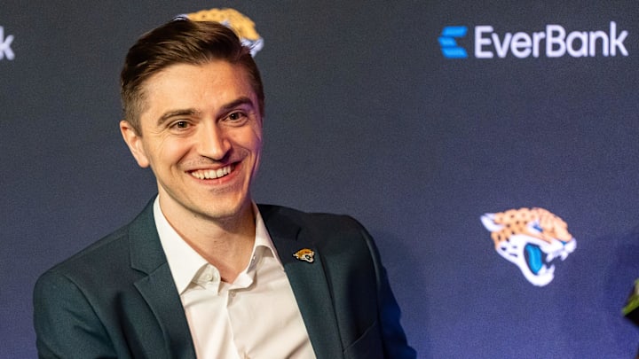 The Jacksonville Jaguars introduce General Manager James Gladstone as he smiles during a press conference Monday morning February 24, 2025 at the Miller Electric Center in Jacksonville, Fla. He was joined by owner Shad Khan, his son Director of Football Strategy Tony Khan, Head Coach Liam Coen Executive Vice President of Football Operations Tony Boselli and team president Mark Lamping. [Doug Engle/Florida Times-Union]2025