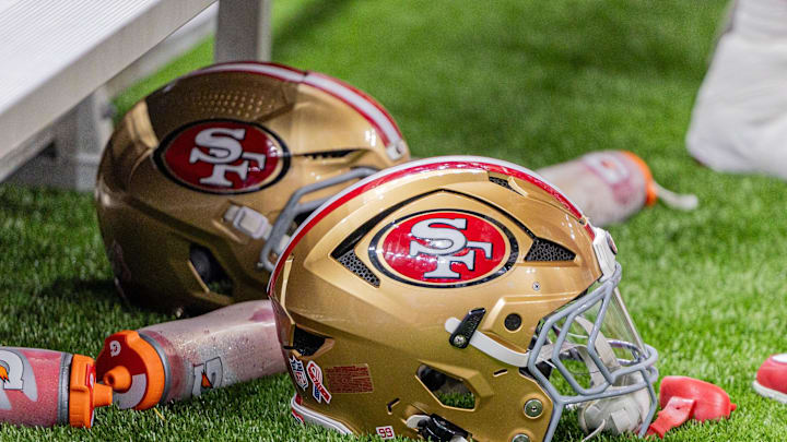 Sep 14, 2025; New Orleans, Louisiana, USA;  Detailed view of the San Francisco 49ers helmets against the New Orleans Saints during the first half at Caesars Superdome. Mandatory Credit: Stephen Lew-Imagn Images