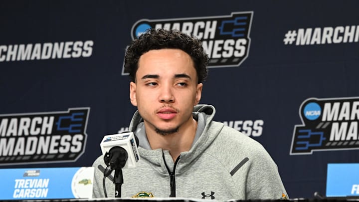 Mar 18, 2026; Buffalo, NY, USA; North Dakota State Bison guard Trevian Carson (0) speaks to the media before a practice session ahead of the first round of the men's 2026 NCAA Tournament at KeyBank Center. Mandatory Credit: Mark Konezny-Imagn Images