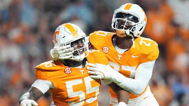 Tennessee’s Tennessee defensive lineman James Pearce Jr. (27) celebraes Tennessee defensive lineman Omarr Norman-Lott’s (55) sack during an NCAA college football game between Tennessee and Mississippi State at Neyland Stadium in Knoxville, Tenn., Saturday, Nov. 9, 2024. (A nice clean celebration shot.)