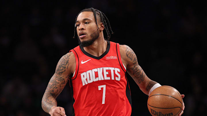 Feb 4, 2025; Brooklyn, New York, USA; Houston Rockets forward Cam Whitmore (7) dribbles up court against the Brooklyn Nets during the first quarter at Barclays Center. Mandatory Credit: Vincent Carchietta-Imagn Images