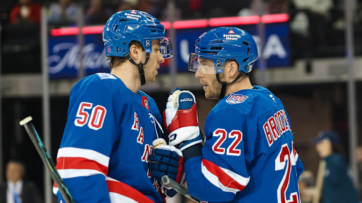 Apr 5, 2026; New York, New York, USA; New York Rangers center Jonny Brodzinski (22) talks with left wing Will Cuylle (50) during the second period against the Washington Capitals at Madison Square Garden. Mandatory Credit: Danny Wild-Imagn Images