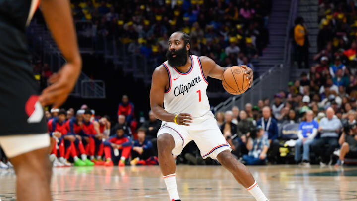 Oct 11, 2024; Seattle, Washington, USA; Los Angeles Clippers guard James Harden (1) dribbles the ball during the first half at Climate Pledge Arena. Mandatory Credit: Steven Bisig-Imagn Images