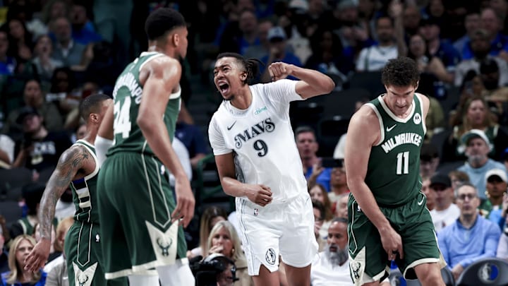 Mar 1, 2025; Dallas, Texas, USA;  Dallas Mavericks center Moses Brown (9) reacts after scoring against the Milwaukee Bucks during the second half at American Airlines Center. Mandatory Credit: Kevin Jairaj-Imagn Images
