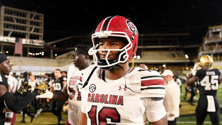 Nov 9, 2024; Nashville, Tennessee, USA; South Carolina Gamecocks quarterback LaNorris Sellers (16) during the post game on the field against the Vanderbilt Commodores at FirstBank Stadium. Mandatory Credit: Steve Roberts-Imagn Images Nov 9, 2024; Nashville, Tennessee, USA; South Carolina Gamecocks quarterback LaNorris Sellers (16) during the post game on the field against the Vanderbilt Commodores at FirstBank Stadium. Mandatory Credit: Steve Roberts-Imagn Images