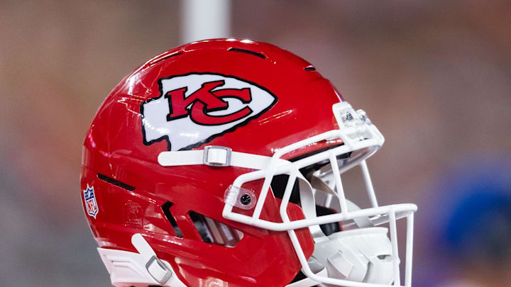 Aug 9, 2025; Glendale, Arizona, USA; Detailed view of a Kansas City Chiefs helmet during a preseason NFL game at State Farm Stadium. Aug 9, 2025; Glendale, Arizona, USA; Detailed view of a Kansas City Chiefs helmet during a preseason NFL game at State Farm Stadium.