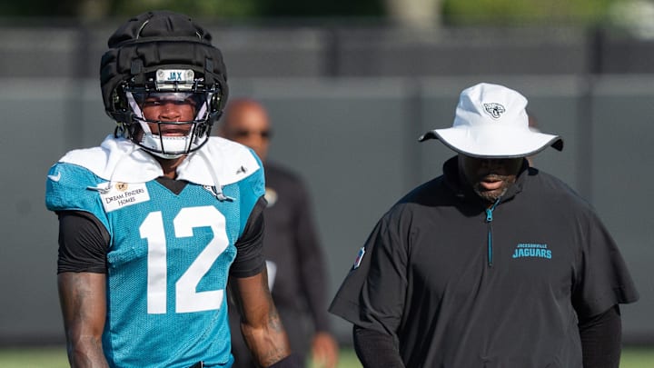 Jacksonville Jaguars wide receiver Travis Hunter (12) wore a towel around his neck during the Jaguars 14th NFL training camp session at Miller Electric Center Tuesday August 12, 2025 in Jacksonville, Fla. The Jaguars travel to New Orleans to play the Saints this Sunday in their second preseason game. [Doug Engle/Florida Times-Union]